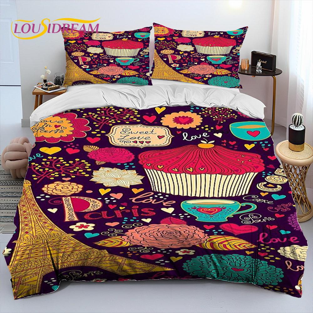 France Paris Eiffel Tower Comforter Bedding Set,Duvet Cover Bed Set Quilt Cover Pillowcase,King Queen Size Bedding Set Kid Adult