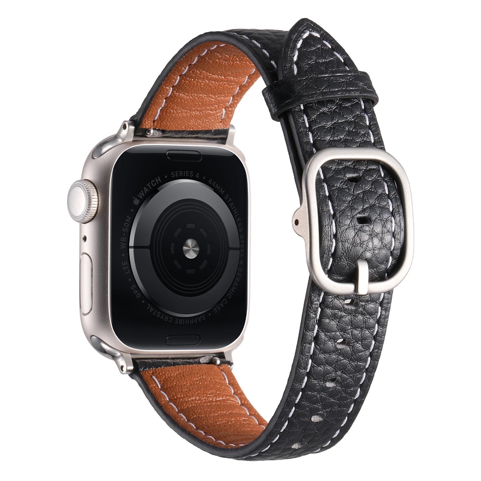 

Watch Band for Apple Watch Series 10 9 8 7 SE 6 5 4 3 2 1 42mm 41mm 40mm 38mm Litchi Texture Genuine Cow Leather Strap Black