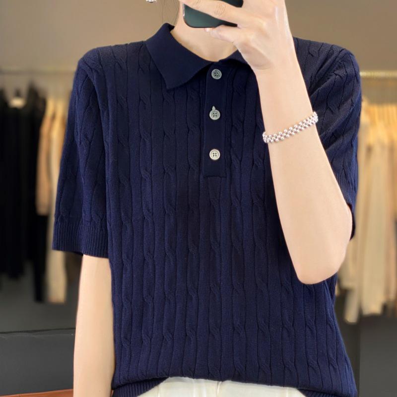 

2025 Весенняя классика Вязаное поло с косами С коротким рукавом Пуловер XL тёмно-синий