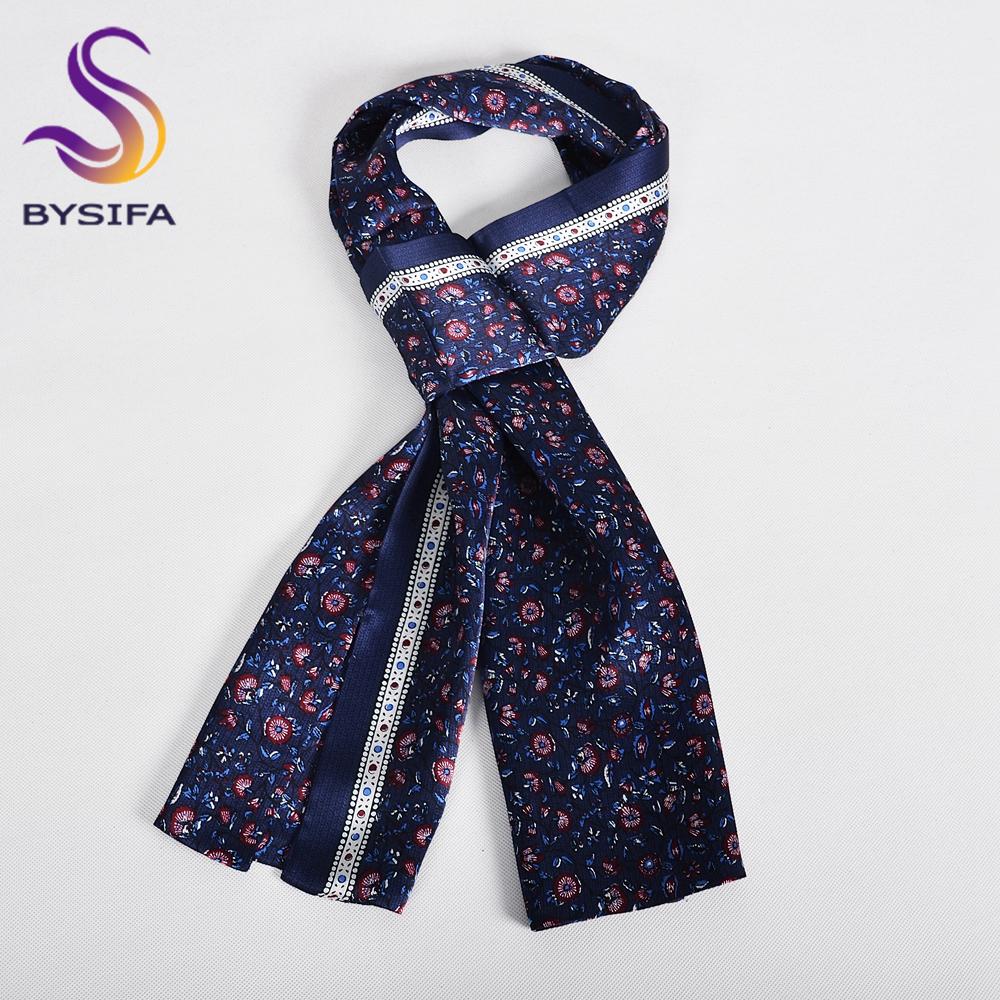 BYSIFA|Blue Red Silk Scarf Cravat Men Winter Fashion Floral 100% Silk Male Long Scarves Cravats Brand Soft Long Scarf 160*26cm