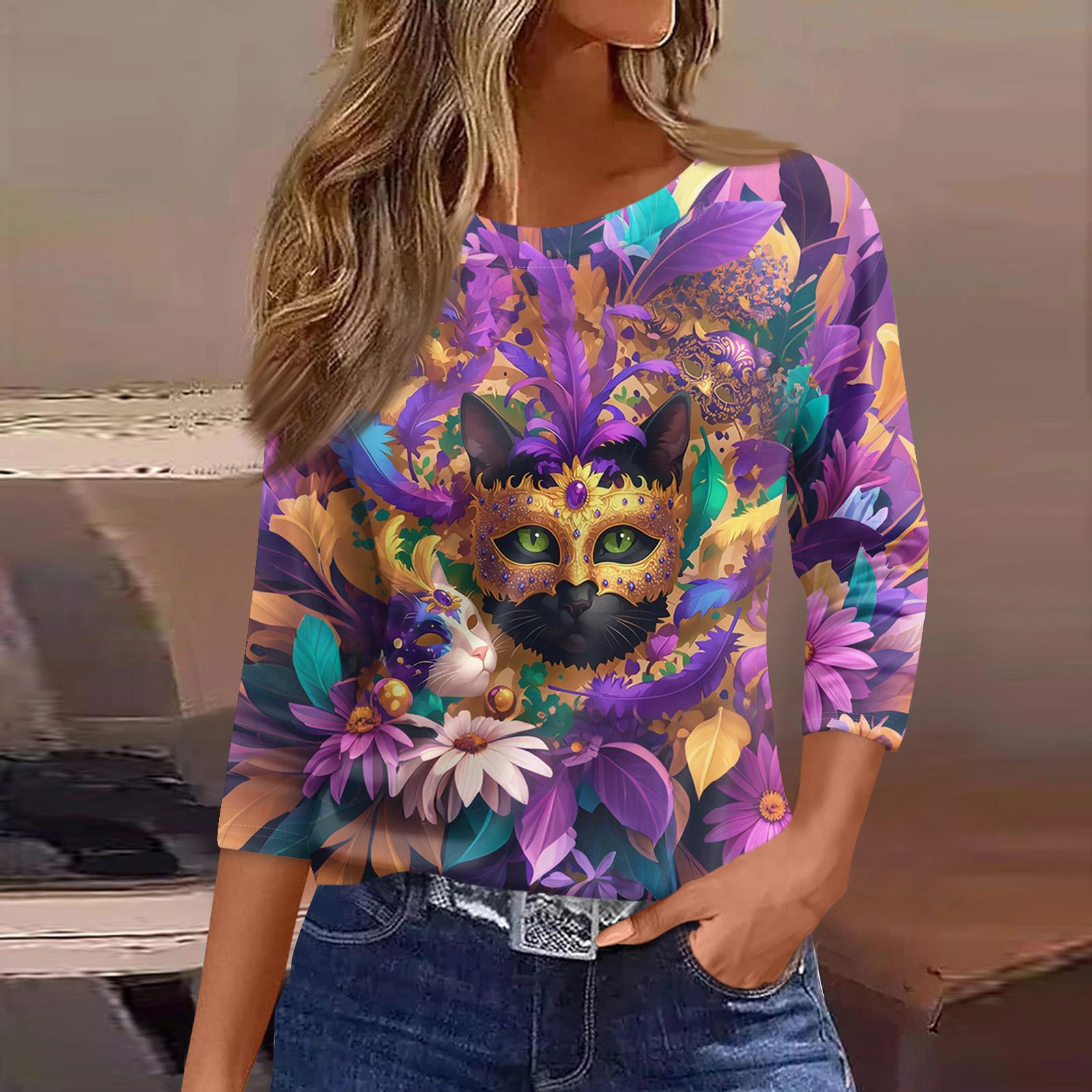 

3/4 Length Sleeve Womens Tops Floral Print Vintage Fashion Casual Loose With Round Neck Plus Size Shirts L срібний