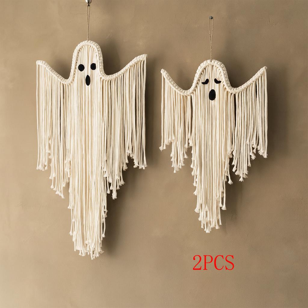 White Macrame Halloween Ghost Wall Hanging Tapestry, Hand-Woven Tassels Tapestries for Home, Bedroom Living Room Wall Decor Gift