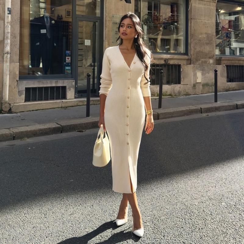 Casual Long Sleeve Knit Ribbed Dress Button Slit Female Sweater Cardigan Dresses Slim Solid Elegant Office Ladies Clothes