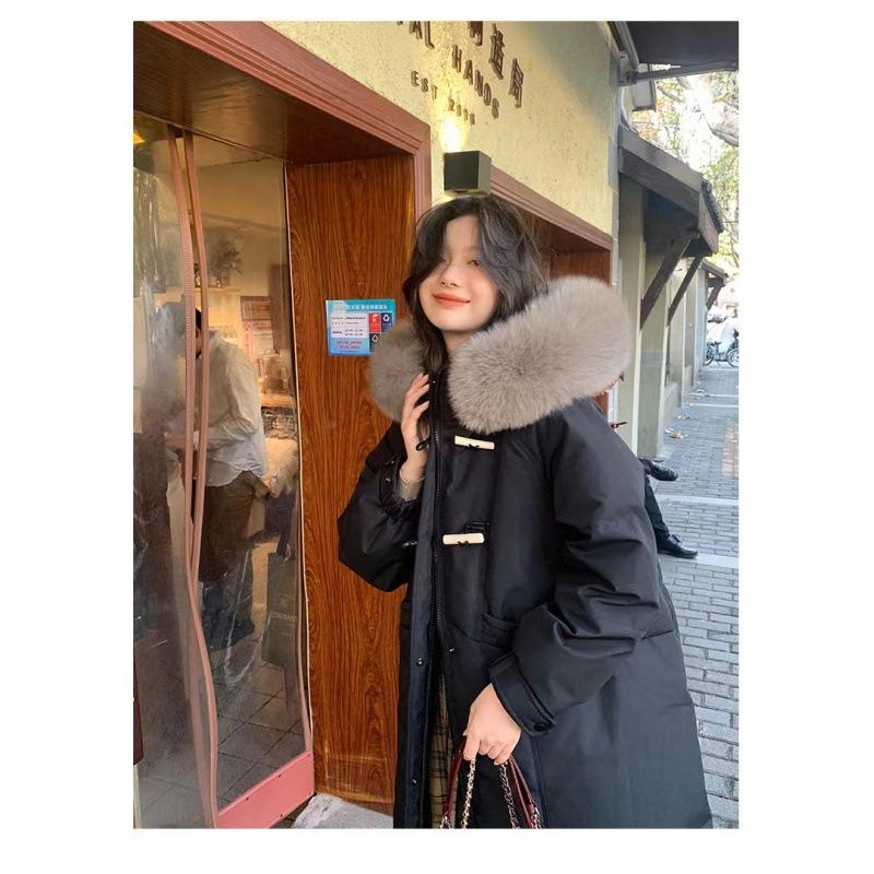 Winter horn buckle thickened long down cotton-padded clothes for women's winter long over the knee super thick loose cotton-padded jacket