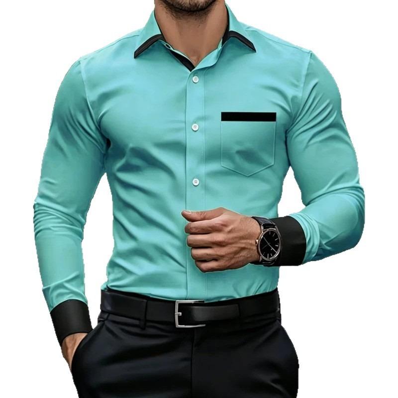 Men's Wrinkle Free Long Sleeve Shirt, Stretch Slim Fit Contrast Collar Luxury Commute Business Casual Shirt for Young Men