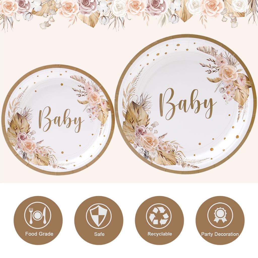 Baby Floral Printed Tableware Set Paper Plate Cup Napkin Baby Shower Boy Girl Birthday Party Decoration Kids Party Supplies