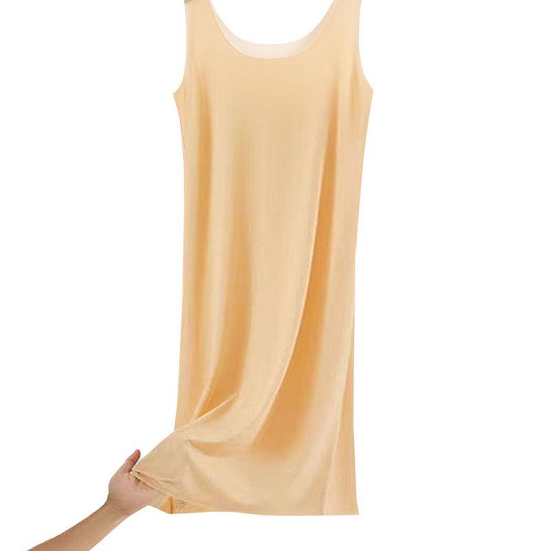 Bezešvá spodnička z ledového hedvábí plus size: Neprůhledná, proti odhalení tílka a noční košilka střední délky na léto.