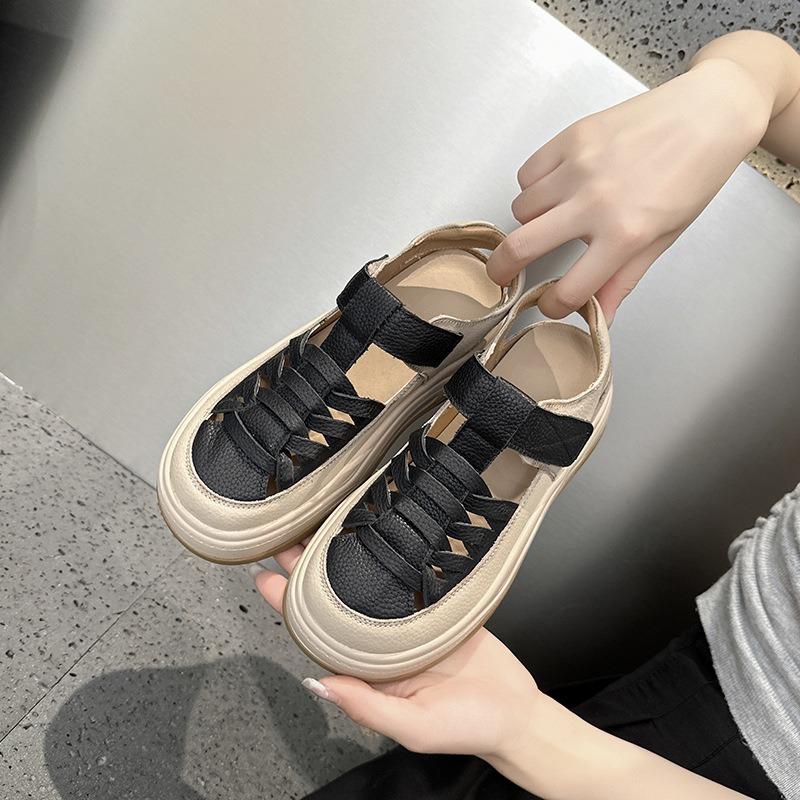 The first layer of cowhide thick-soled breathable sandals women's new hollow color matching summer women's sandals