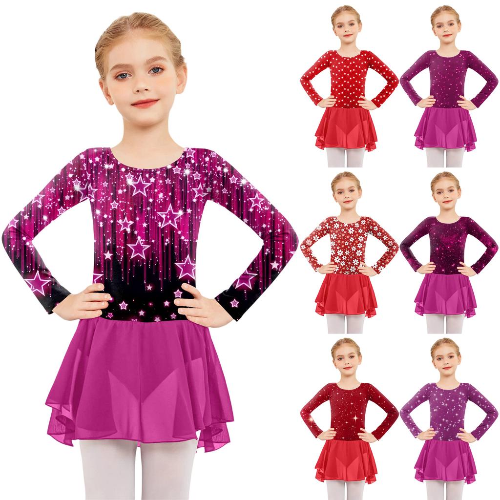 Girls' Color-blocked Romper Long-sleeved Tulle Dress Dance Costume
