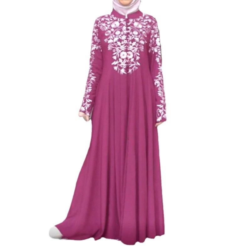 2025 Ethnic Style Muslim Women's Long Sleeve Stand Collar Printed Swing Skirt - PP1491