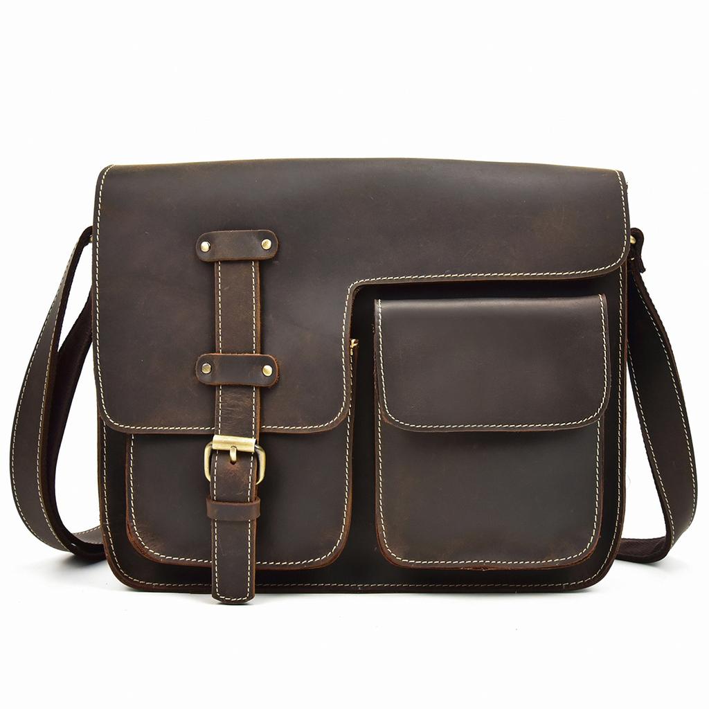 Men'S Genuine Leather Shoulder Bag Crazy Horse Leather Messenger Bag First Layer Cowhide Flip Shoulder Bag Casual Bag