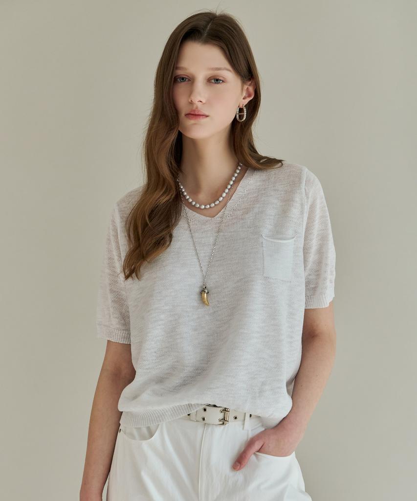 MAXZA Natural Pocket V-Neck Short Sleeve Knit