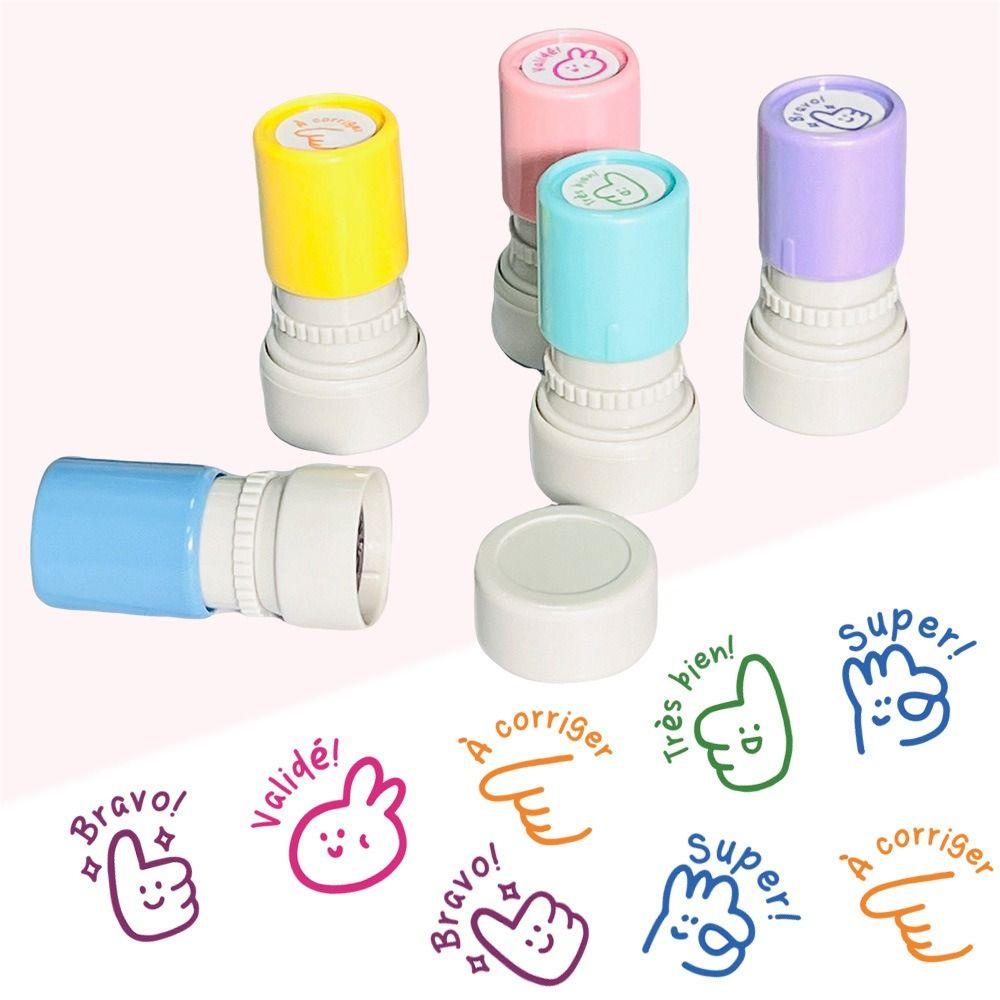 5Pcs/Set French Teacher Seal Stamp Round Automatic Inking French Seal Praise Homework Correcting Stationery Encourage Students