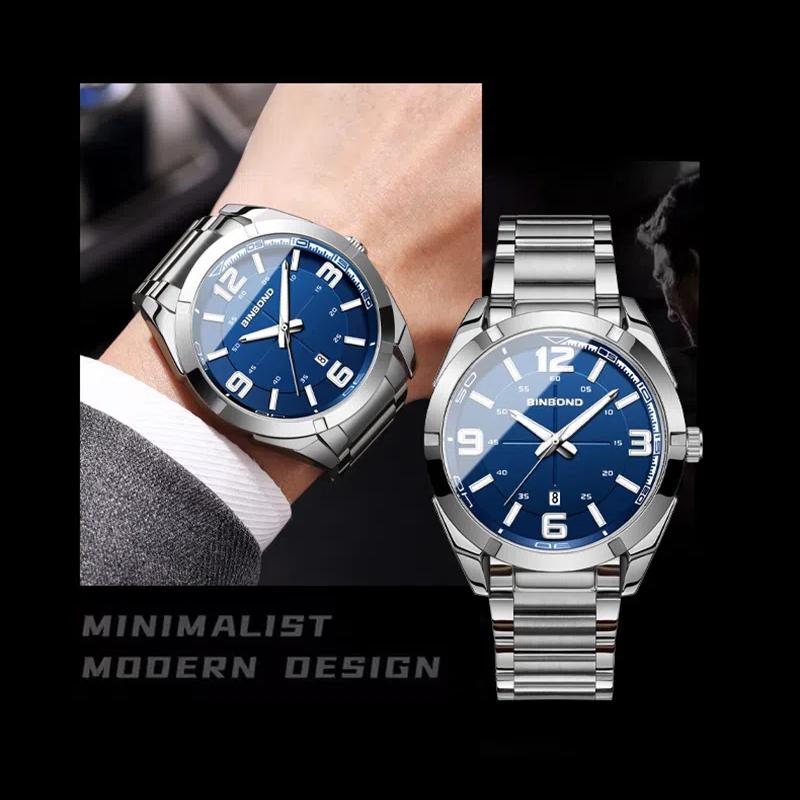 BINBOND Men's Watch Big Digital Fashion Business Waterproof Calendar Night Light Stainless Steel Quartz Men's Watch Men's Gift