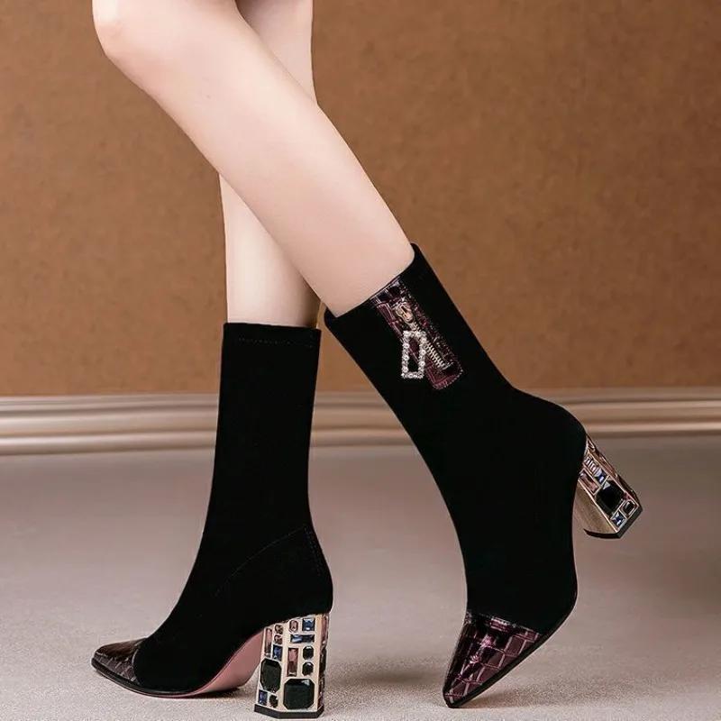 Fashion Elegant Heeled Slip On Rhinestone Women's Half High Boots New In Ladies Mid Calf Shoes 2025 Novelty Goth Luxury Hot Work Boot