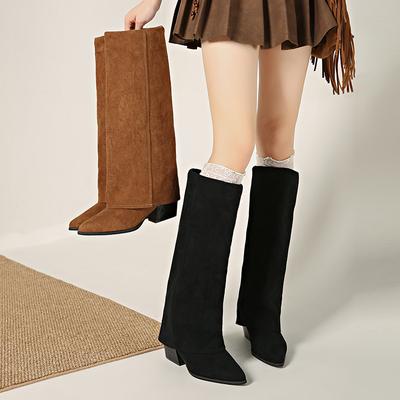 Fashion Fashion Splicing Women Knee High Boots Square Heels Party Stripper Shoes Ladies Autumn Winter Pointed Toe Long Booties