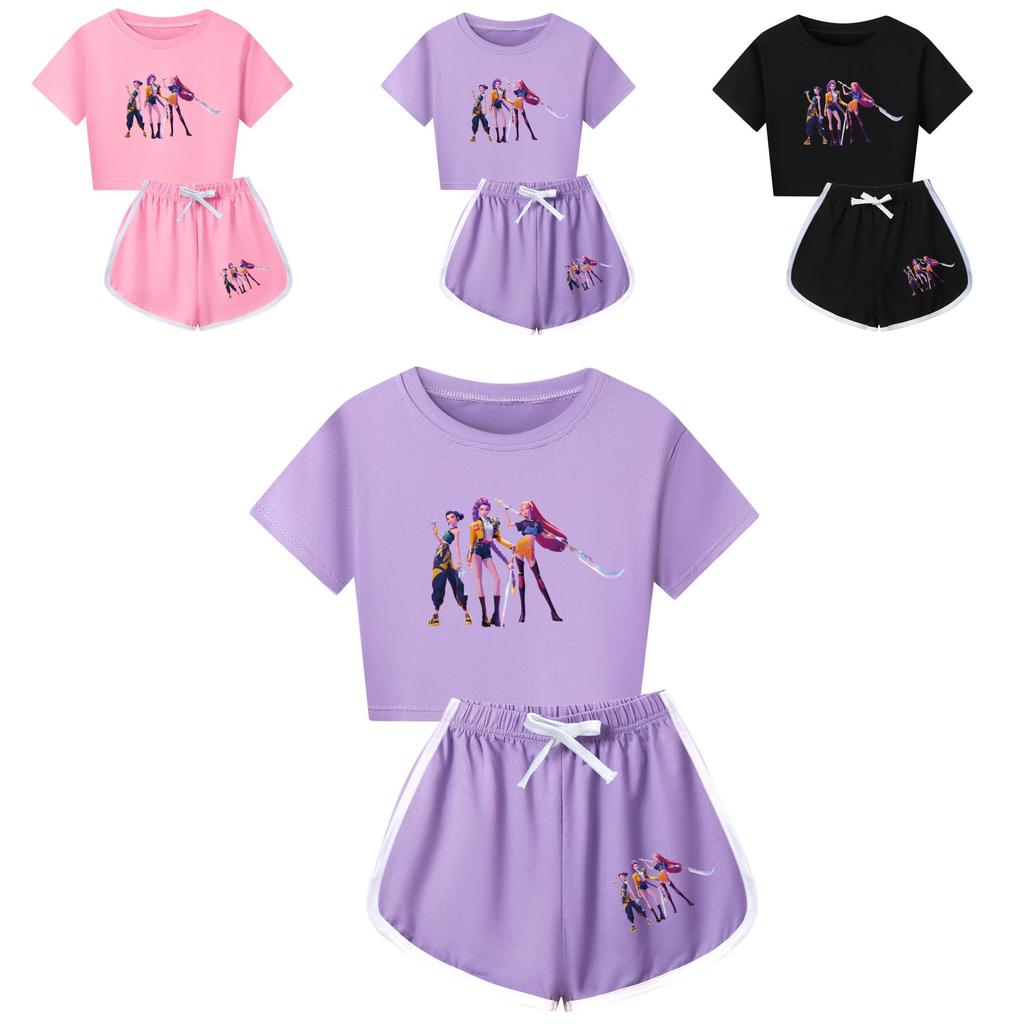 Set Pigiama a Maniche Corte con Pantaloncini Stampa Demon Hunters Kpop per Bambino in Misto Poliestere Cotone per Pigiami di Famiglia