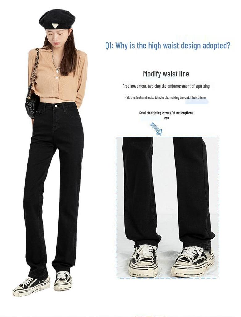 2025 Women's High Waist Black Straight Leg Jeans – Tall, Slimming, Extra Long Trendy Mop Pants