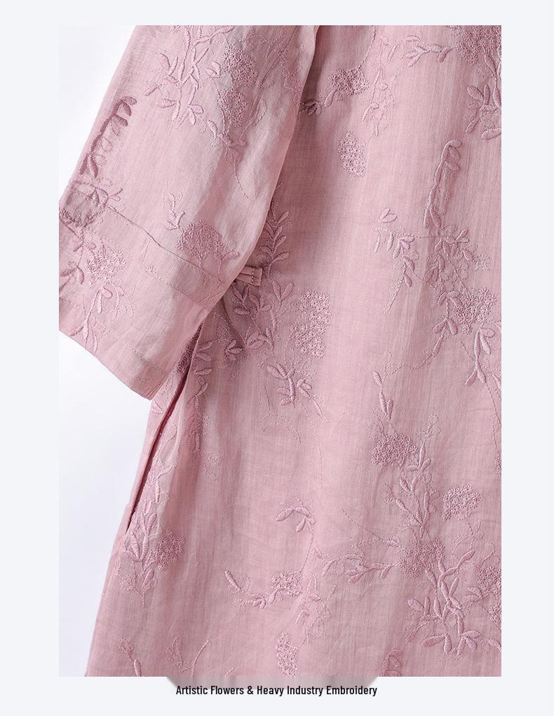 Women's Artistic Linen Embroidered Qipao Style Midi Dress - High-End V-Neck, Improved Frog Button, Retro A-Line