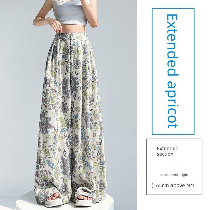 Small ICE Cotton Hemp Printing Work Clothing High Waist Elastic Slim Looking Loose Straight-leg Casual Loose Pants Mop Pants Women