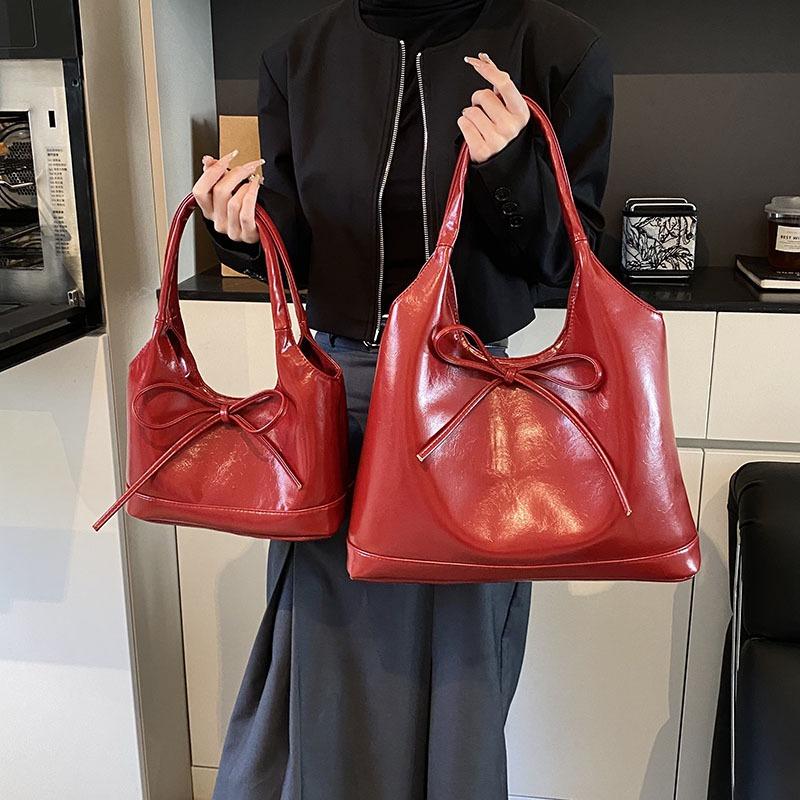 New Bow Niche Pu Women's Bag Simple Commuter Literary Shoulder Bag Large Capacity Underarm Tote Bag Women