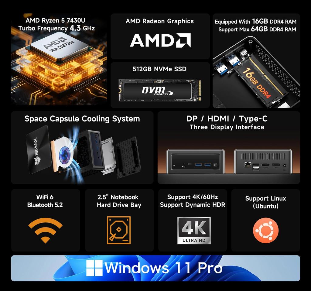 BMAX B7A Pro Processador AMD Ryzen 5 7430U Gráficos AMD Radeon 16GB DDR4 SSD NVMe de 512GB Windows 11