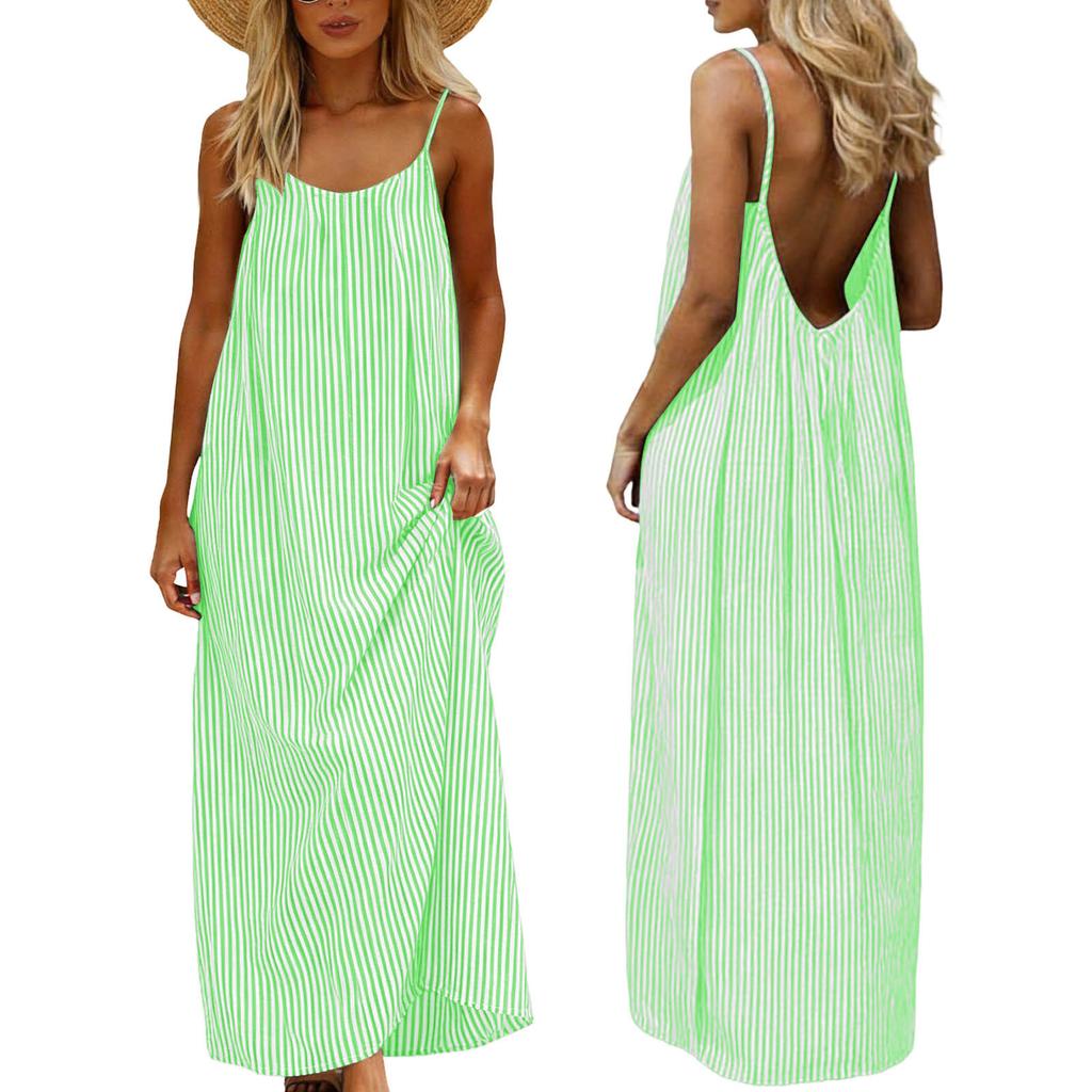 Women's Summer Cotton Linen-like Striped Maxi Dress Sleeveless Spaghetti Strap Backless Loose Casual Beach Sundress for Vacation Daily Wear