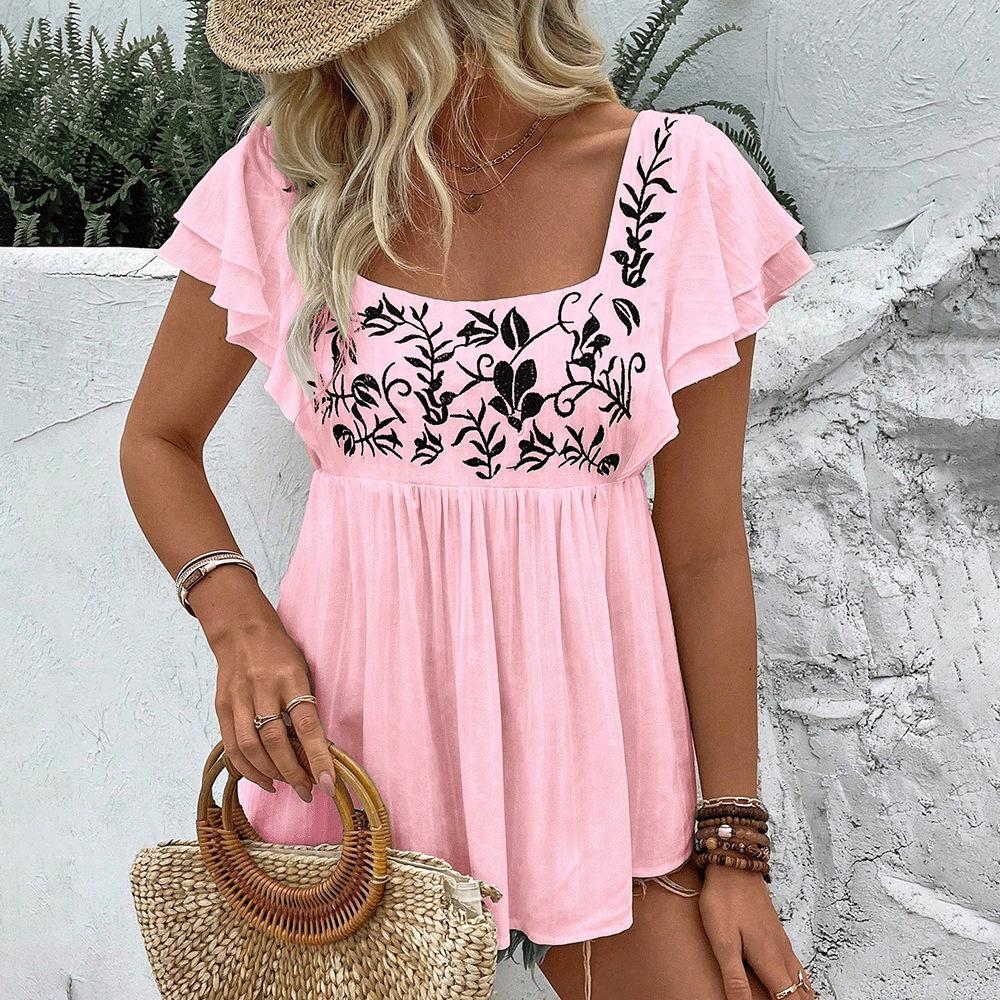 European and American women's clothing lace square collar short sleeve European and American 1116 new embroidered shirt spring and summer cool and