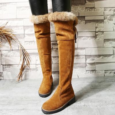 Fashion Plarform Rusko Kozačky Měkká PU kůže Kožešina Móda nad kolena Vysoké kozačky Žena Teplé plyšové kozačky s kulatou špičkou Zimní sněhule