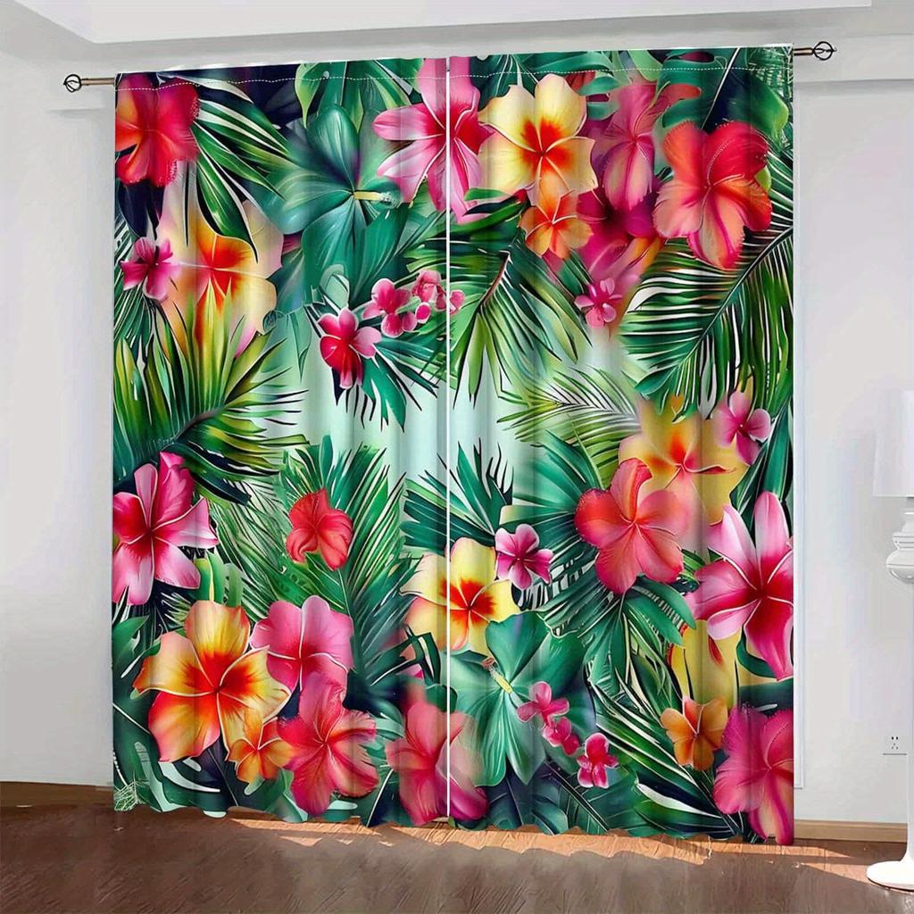 2pcs Tropical Hibiscus Curtains Jungle Leaf Flower Print Drape Living Room Bedroom Window Treatment Exotic Home Decor Panels