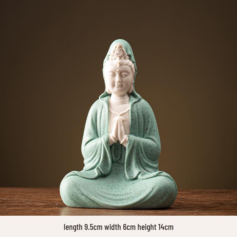 Ceramic Seated Guanyin On Lotus with Light Ring and Anjali Mudra for Home Decor