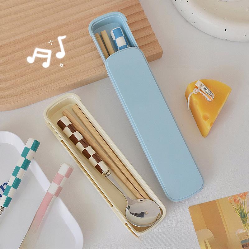 High-Value Portable Stainless Steel Chessboard Cutlery Set: Spoon & Chopsticks with Storage Box for Students