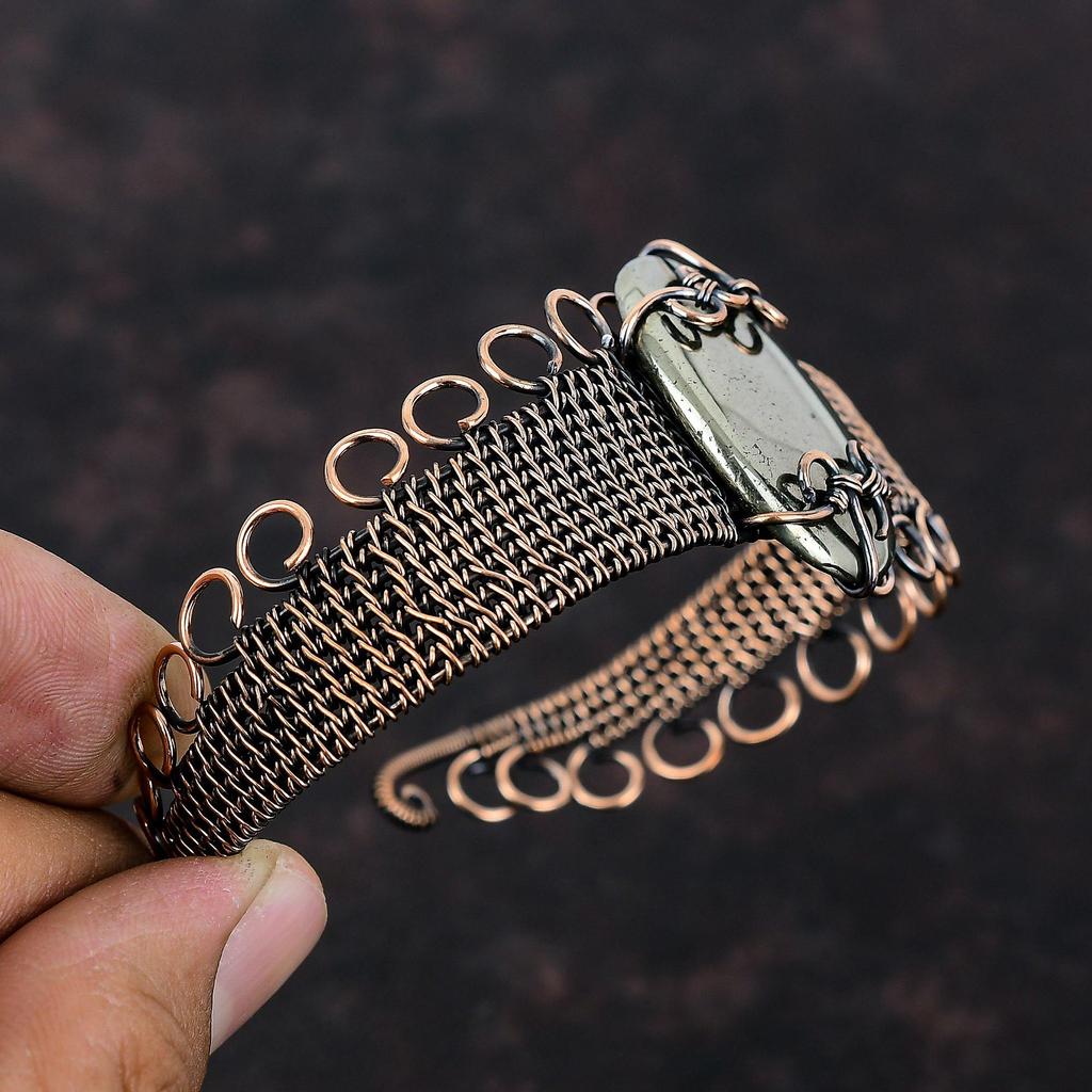 Apache Pyrite Cuff Bracelet Copper Wire Wrapped Cuff Bracelet Adjustable Bangle Gemstone Copper Jewelry Handmade Antique Bangle Gift For Him