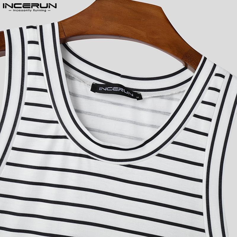INCERUN Men Sleeveless Striped Print Casual Loose Tank Tops
