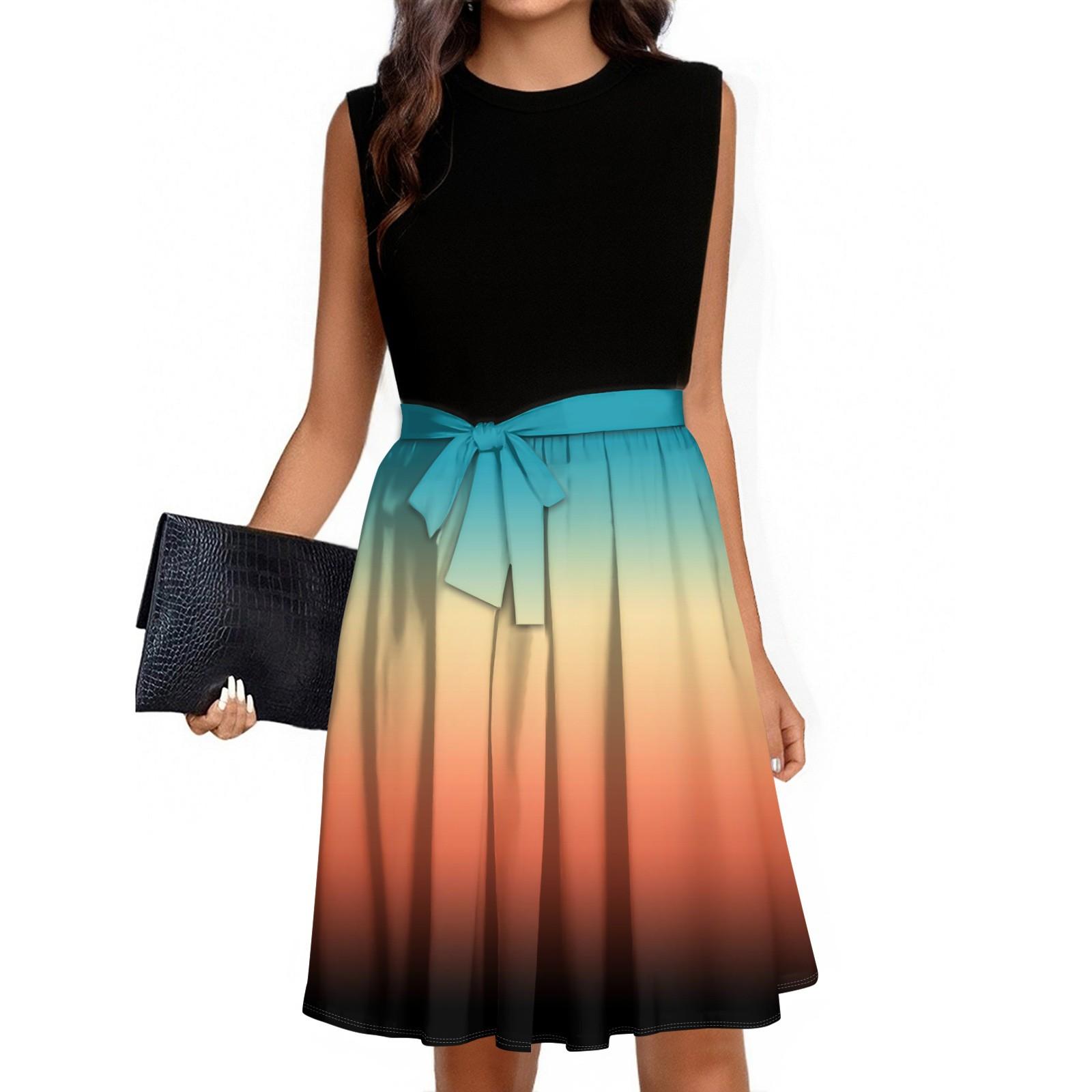 Women s Fashion Casual Lace-up Sleeveless Round Neck Splicing Short Dress XXL хаки