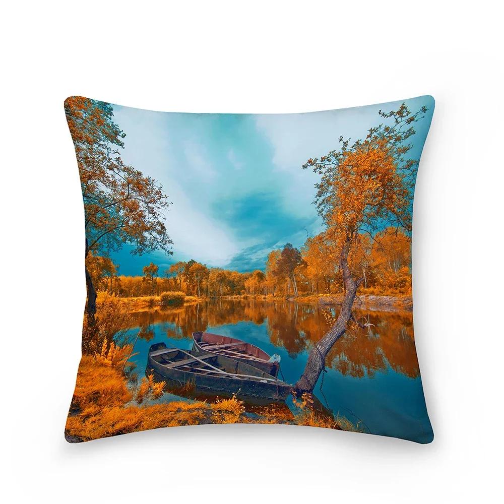 Landscape Pattern Decorative Cushion Cover Polyester Pillow Cover Throw Pillowcase Sofa Chair Bedroom Home Decoration 45X45Cm