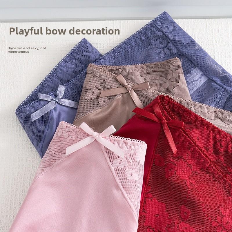 Big Size Lady Summer Sexy Lace Bow Hollow Out Without A Mark Pack Hip Lift Hip High Waist Triangle Briefs