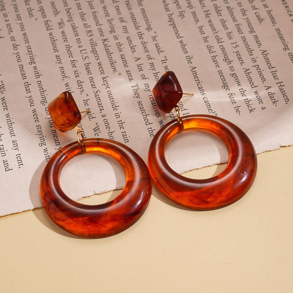 Wind Resin Hollow Geometric Round Silver Needle Earrings Maillard Autumn and Winter Earrings