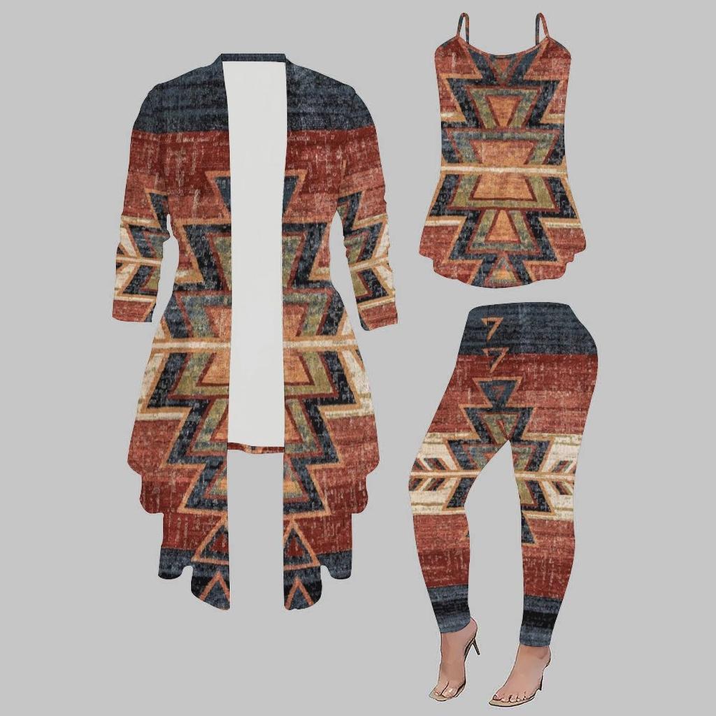 Plus Size Starry Night Sky Print 3 Piece Outfit, Long Sleeve Open Front Cardigan Cami Top Leggings Set for Women