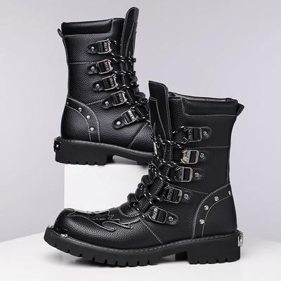 Herren Motorradstiefel Mode Mid-Calf Punk Rock Punk PU Leder Schwarz High Top Herren Freizeitschuh Stahlkappenschuhe Botas Hombre