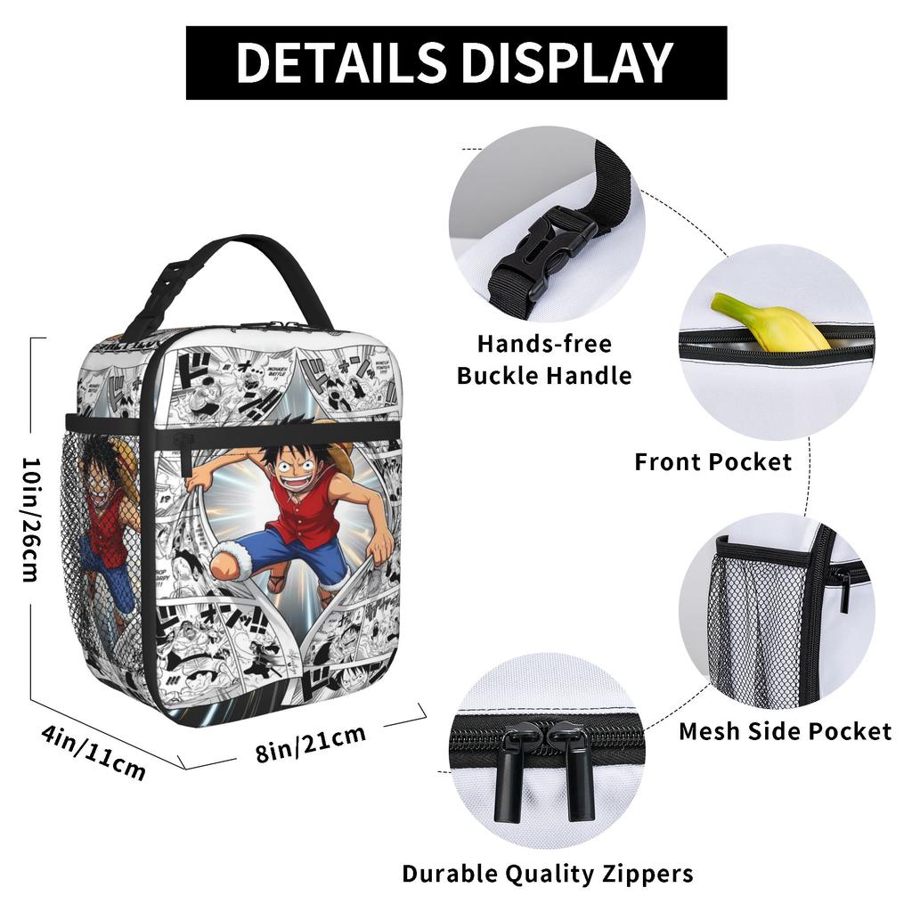Vintage Luffy Black White Manga One Piece Lunch Bag  Picnic Lunch Box For Girl Boy  Thermal Tote Handbags Portable Cooler Bag