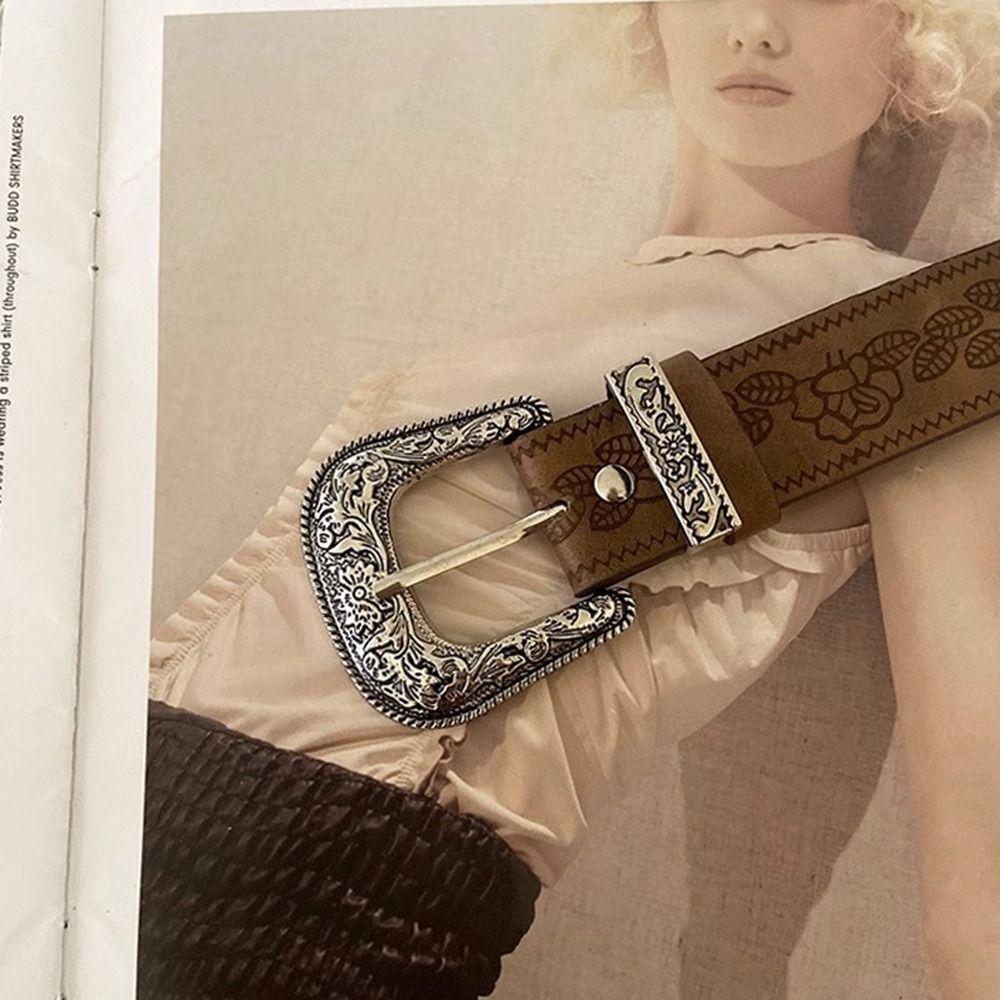 Zinc Zinc Alloy Ethnic Style Belt Vintage Printed Pants Decorative Fashion PU Leather Belt Female