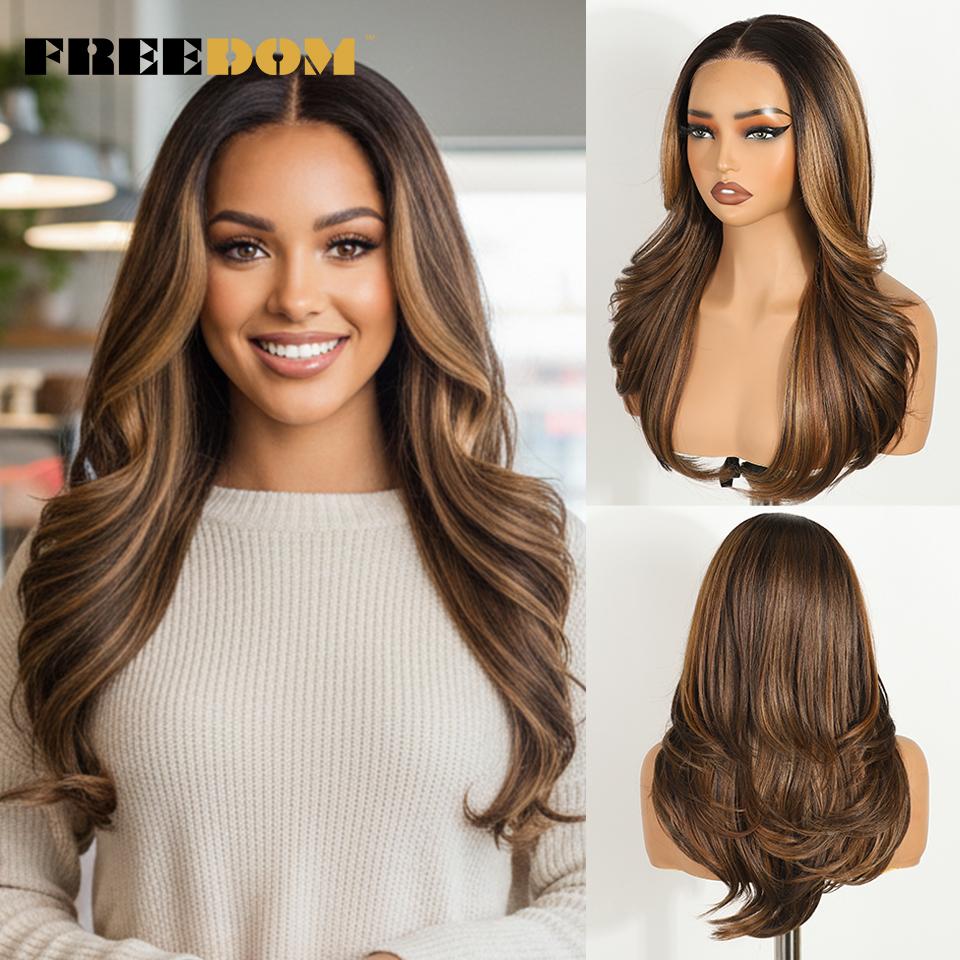 FREEDOM Synthetic Lace Front Wigs For Black Women Natural Wavy Ombre Brown 6x4 Pre Plucked Pre Cut Wear And Go Glueless Lace Wig