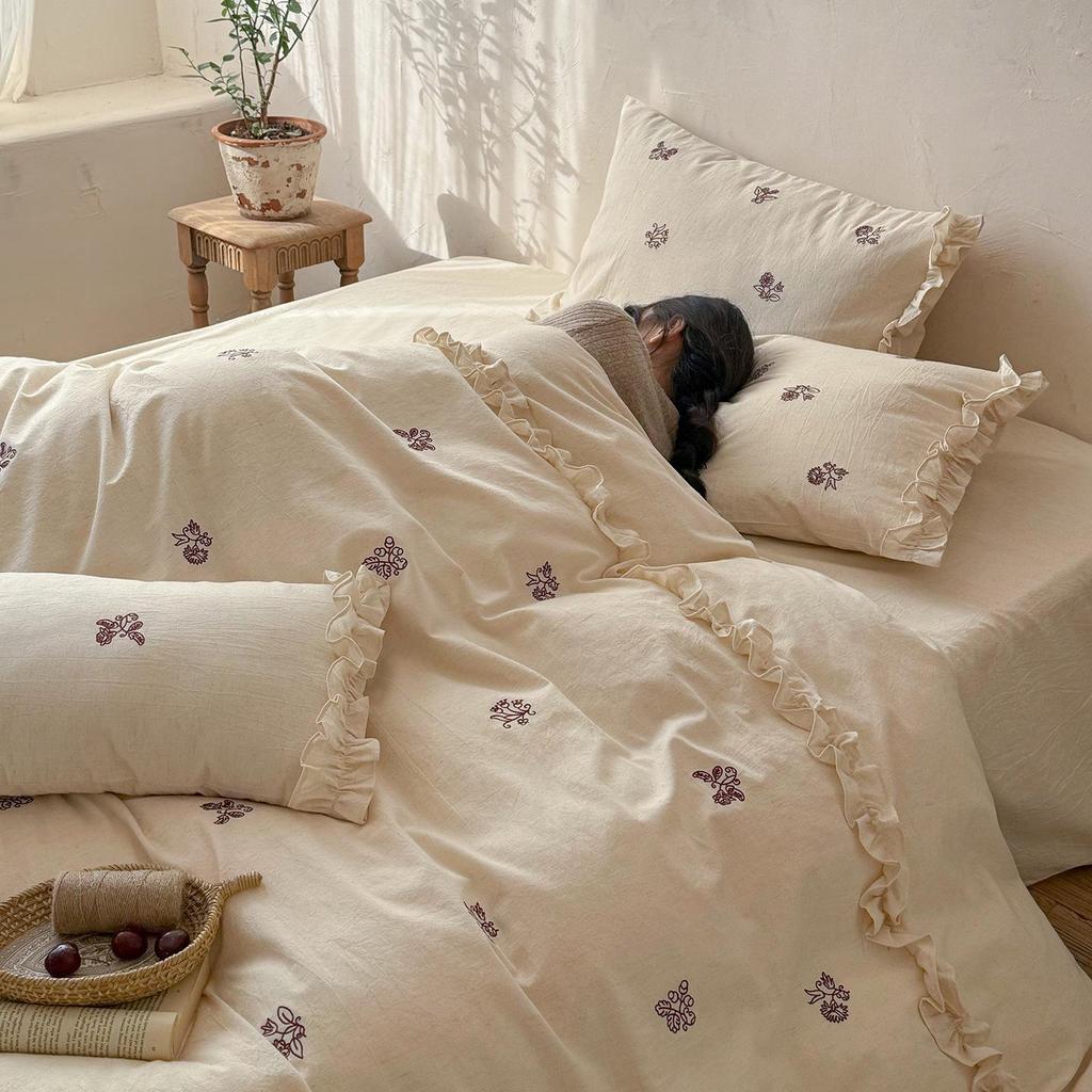 Spring/Summer Floral Embroidered Pure Cotton Linen 4-Piece Set - Soft, Skin-Friendly, 100% Cotton