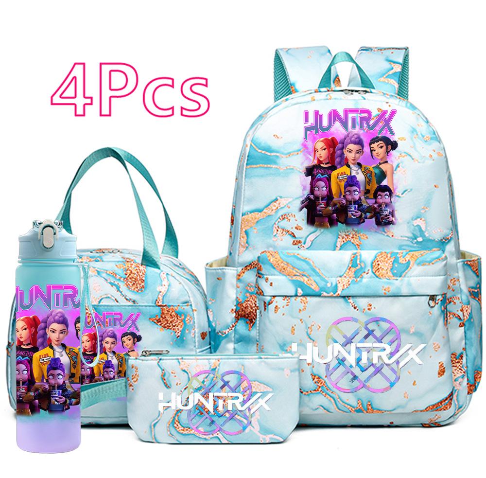 4Pcs/set Cartoon K-Pop Demon Hunters Printed Backpack Handbag Pencil Case with 750Ml Water Bottler for Teenager Boy Girl Large Capacity Schoolbag