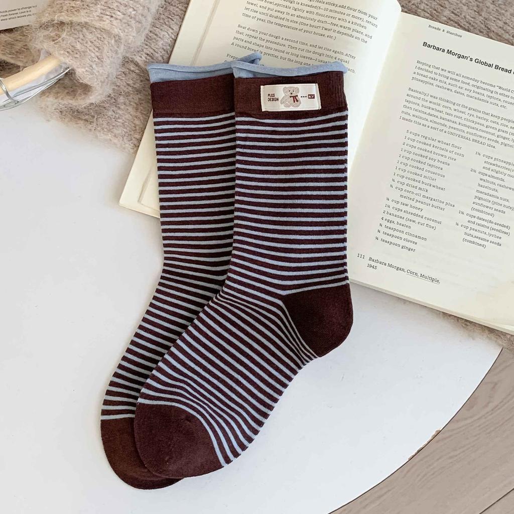Polka Dot Striped Cartoon Bear Cloth Label Socks Internet Celebrity Maillard Coffee Color Double Mouth Contrasting Color Medium Tube Stacking Socks