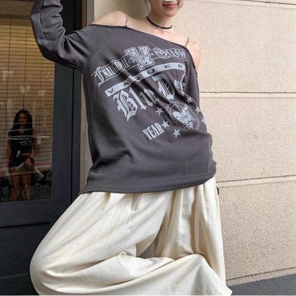 2026 European and American Spice Girls Sexy One-word Shoulder Long Sleeve T Summer Loose Temperament Pure Desire Short Off-Shoulder Top