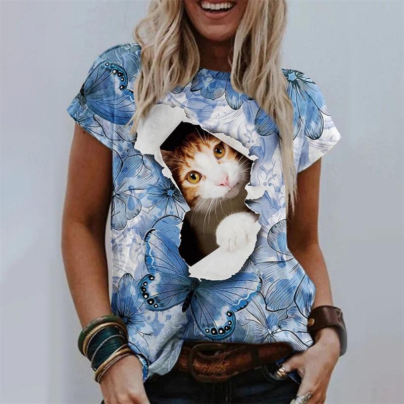 Süße Kätzchen T-Shirts Kawaii Katze 3D-Druck Sommer Damen Rundhals Kurzarm T-Shirt Harajuku Tees Y2k Tops Damenbekleidung