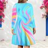 Women Plus Size V Neck Long Sleeve Printed Light Blue A Line Dress