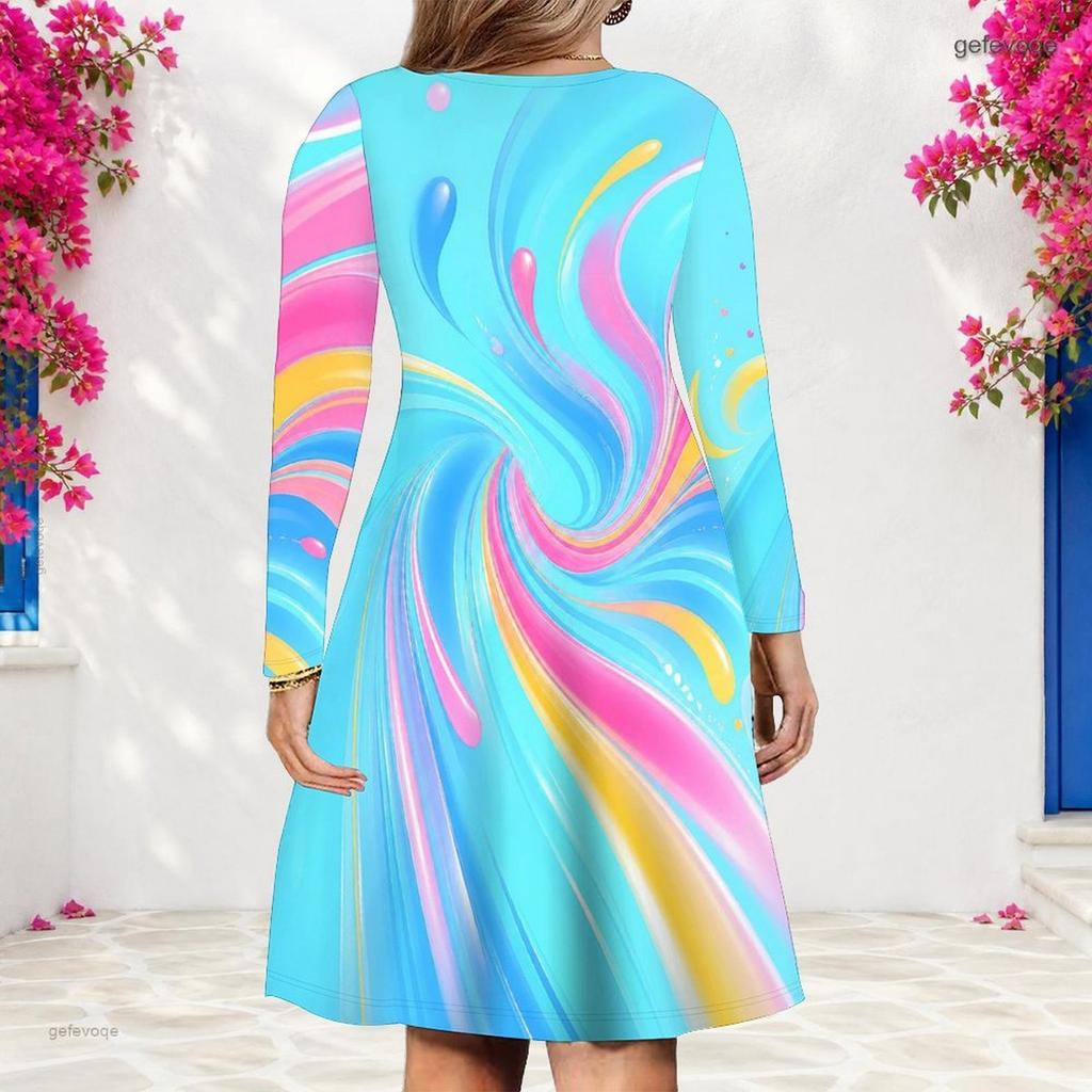 Women Plus Size V Neck Long Sleeve Printed Light Blue A Line Dress